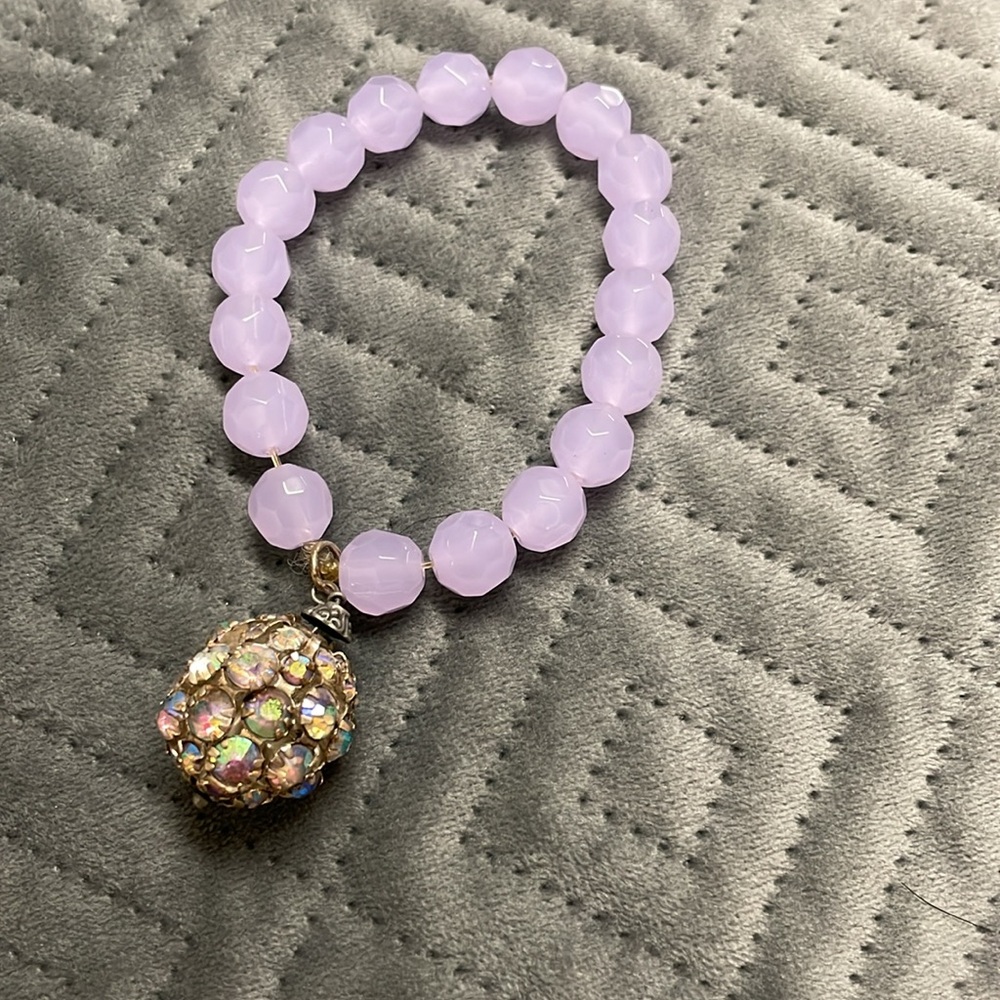 Lavender quartz stone Beaded Bracelet with vintage Crystal Ball charm
